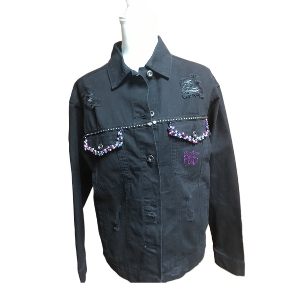 AristoCAT Oversized Black Distressed Denim Jacket - Picture 3 of 10